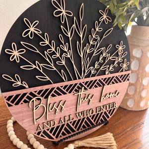 lot 2576 image: 12in 3D Welcome Sign for Front Door   Rustic Wood Wreath Bless Home