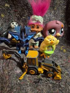 lot 18 image: Toy Lot 6 Action Figures Troll Doll Bird Excavator Blue Character