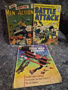 lot 136 image: 3 Comic Books Our Fighting Men in Action, Battle Attack, Ripleys True War Stories