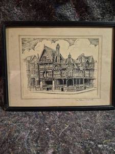 lot 144 image: Ole Rows Chester Framed Ink Drawing Print Architectural Building - Reproduction or Lithograph