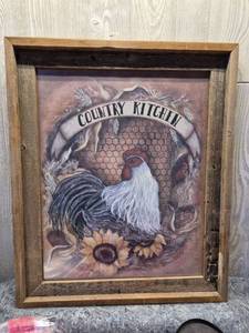 lot 255 image: Country Kitchen Rooster Print in Wood Frame 20 x 24