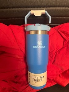 lot 56 image: Stanley THE ICEFLOW FLIP STRAW TUMBLER 30oz Light Blue - Engraved Name - New - Put a sticker over it