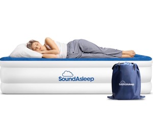 lot 10 image: SoundAsleep Dream Series Raised Twin Air Mattress, Built-in Pump, Blue ComfortCoil Technology, fast 1-click inflation, waterproof flocked top and SureGrip bottom create a stable guest bed for one Retails $124