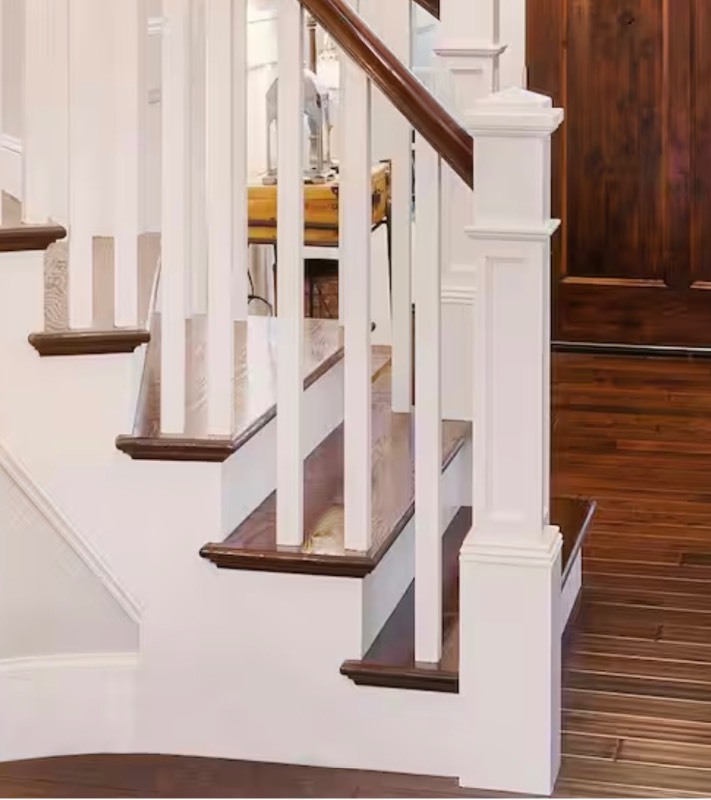lot 53 image: Stair Parts 4093 55 in. x 6-14 in. Primed White Flat Panel Box Newel Post for Stair Remodel Retails $250