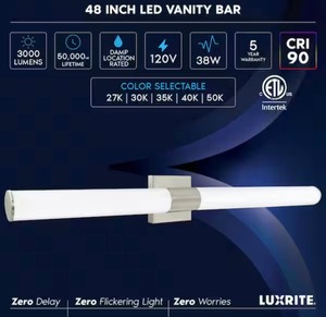 lot 5 image: 48 in. Brushed Nickel Fixture 5 CCT 2700K-5000K Vanity One Light 38W 3000 Lumens Dimmable Damp Rated ETL Listed Retails $94