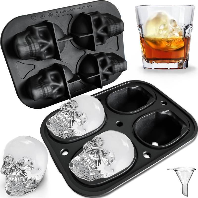lot 69428 image: 7.5 x 5.8 x 3.2 inches JETKONG Large Skull Ice Mold - 4 Cavity Silicone Skull Ice Maker - Ice Cube Tray for Whiskey, Bourbon, Cocktails and Juice
