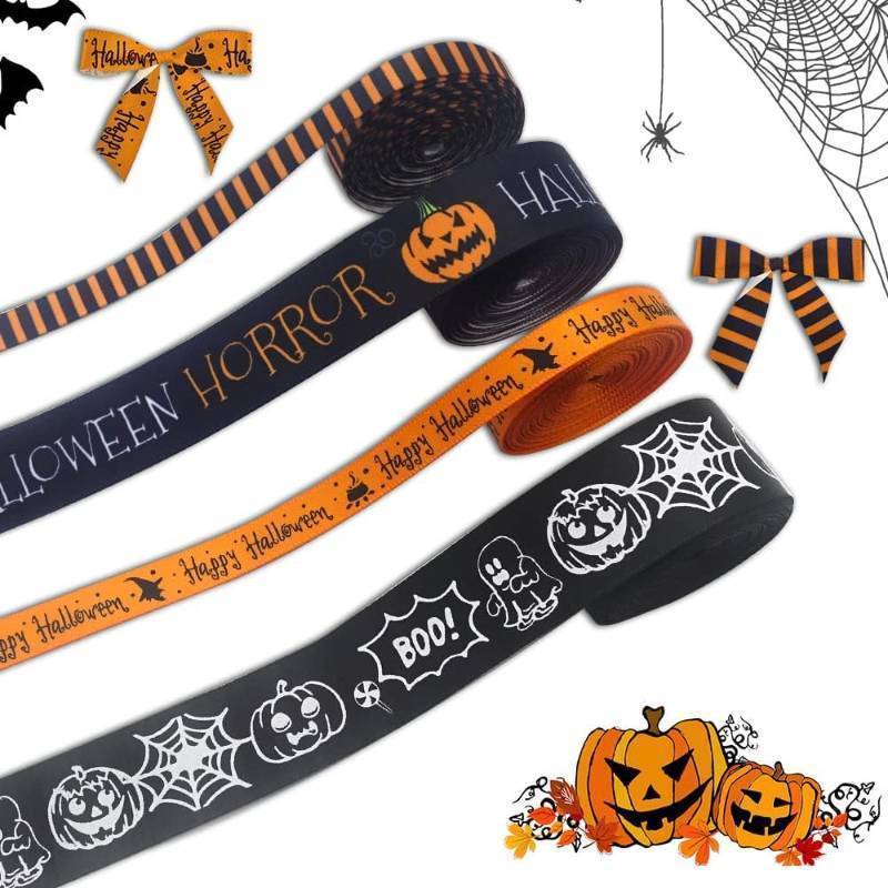 lot 64015 image: 4 Rolls 20 Yards Grosgrain Ribbons - Halloween Pumpkin Printed, Spider Web Satin, Orange Black Stripe, Witch Ghost Boo Wrapping Craft Ribbons for Party Decorations