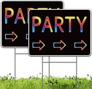 lot 68170 image: 26x16Inches Party Signs, Birthday Party This Way Sign with Arrow for Yard, 2 Pack-16x12 Corrugated Plastic with Metal H-Stakes, Double Sided, UV Protected, WeatherFade Resistant, Outdoor Use, Easy