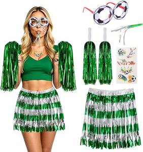 lot 68175 image: One Size 5 Pieces Cheerleader Costume for Women Adults Green Foil Tinsel Wig Skirt Cheerleading Outfits with Pom Poms Party Blower Tempopary Tatto Stickers for Soccer Fans Cheerleading Supplies Decora