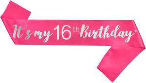 lot 68180 image: Hot Pink Sweet 16 Sash, Its My 16th Birthday Sash Pink Gifts Party Decorations and Supplies, HotPink with Silver