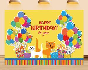 lot 68186 image: 5X3ft 5X3ft Happy Birthday Backdrop Cartoon Cat Yellow Background Colorful Balloon Decoration Birthday Theme Kids Party