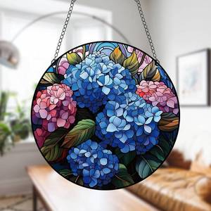 lot 68188 image: 11.8 Inches Blue Hydrangea Acrylic Window Hanging Decor Stained Glass Panels Pink Flowers Green Leaves Wall Art Mural Suncatchers for Bedroom Garden Wall Decoration Gift for Mom Grandma Teacher