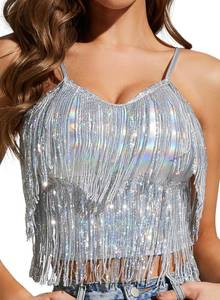 lot 68203 image: $49 Women Sexy Silver Shiny Metallic Festivals Rave Fringe Sequin Crop Tops (X-Large, Silver)