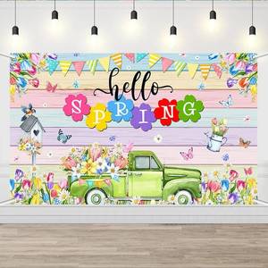 lot 68232 image: 6x3.6ft AIBIIN Hello Spring Backdrop Colorful Floral Garden Truck Banner Colorful Spring Tulips Flowers Party Decorations Butterfly Pastel Wood Easter Holiday Party Photo Booth Props 70.8 x 43.3 inch