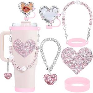 lot 68237 image: 6.2 inches Bling Accessories for Stanley Cup, Y2K Heart Mirror Straw Topper, Shiny Cup Sticker, Heart Charm Chain, Bling Silicone Handle, Bottom Boot for for 203040oz Tumbler, Rose