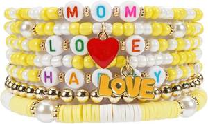 lot 68239 image: Happy Love Heart Mom Beaded Stretch Bracelet Set for Women, Stackable Layered Design, Mothers Day Gift