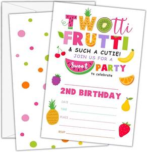 lot 68255 image: 4 X 21 Birthday Invitations for Girls Boys - Tutti Frutti 2th Bday Invites with Envelopes(25-Count) - Turning 2 Fill-in Invite Cards for Party Supplies Favors Decorations - F17