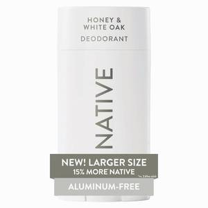 lot 47391 image: Native Aluminum Free Deodorant, Honey & White Oak, Large Size Stick, 72 Hour Odor Control, for Women & Men, Contains Naturally Derived Ingredients, 3.1 oz - Retail $15