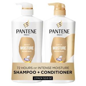 lot 47400 image: Pantene Shampoo & Conditioner Set, Daily Moisture Renewal - Pro-V Nutrients for Dry, Color-Treated, Straight to Curly Hair, 72-Hour Hydration & Softness, 52.8 Oz Total  Miracle Rescue Shot (0.5 Oz) - Retail $22