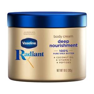 lot 47410 image: Vaseline Radiant X Deep Nourishment Body Cream 100% Pure Shea Butter  Coconut Oil  Vitamin C  & Peptides  10 oz - Retail $22