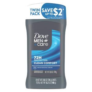 lot 47416 image: DOVE MEN  CARE Antiperspirant Deodorant Stick Clean Comfort Twin Pack 72-Hour Sweat & Odor Protection Antiperspirant for Men With 14 Moisturizing Cream 2.7 oz - Retail $13