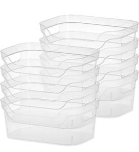 lot 47542 image: Sterilite Set (2) Small Open Bins  Clear Plastic  Easy Access Bin with Scoop Front  8 Count, 16 Total. - Retail $30