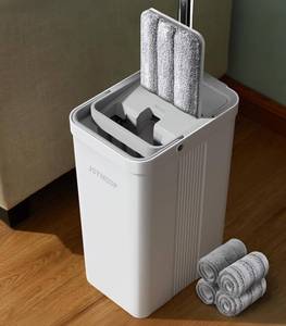 lot 1372 image: JOYMOOP Flat Mop System, Microfiber Mop and Bucket Set, White, Commercial & Household Use, Hardwood Floor & Wall Cleaning Mop with Long Handle, 4 Microfiber Pads - Retail $34