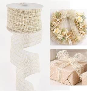 lot 1390 image: HUIHUANG Ivory Burlap Jute Netting Wired Ribbon 2.5 inch Continuous 10 Yds - Retail $14