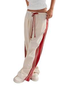 lot 1395 image: Hongsui Womens Wide Leg Pants Drawstring High Rise Side Striped Slouchy Palazzo Pants with Pockets (Beige-Medium) - Retail $33