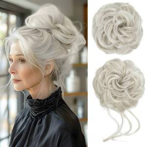lot 1412 image: CJL HAIR 2PCS Messy Bun Hair Pieces Wavy Curly Synthetic Updo Chignon Fake Scrunchies Ponytail Extension for Women Ice Blonde - Retail $18
