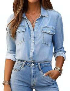 lot 1419 image: Glozeplus Button Down Denim Shirt Long Sleeve Ladies Casual Chambray Blouse Large - Retail $39