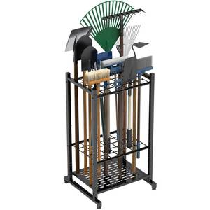 lot 1434 image: Garden Tool Organizer, Garage Tool Organizer & Garage Organization, Heavy Duty Steel Tool Storage Rack Holds 35 Rakes, Brooms Tools, Broom Holder and Mop Holder, Shed Organizer for Home Organization - Retail $39