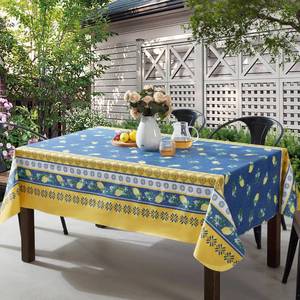 lot 1465 image: Home Bargains Plus French Country Lemon Grove Vinyl Tablecloth with Flannel Backing, 60 x 120 Inch Rectangle, Blue and Yellow Citrus Lemon Print, Easy Care Wipe Clean Indoor Outdoor Table Cover - Retail $30