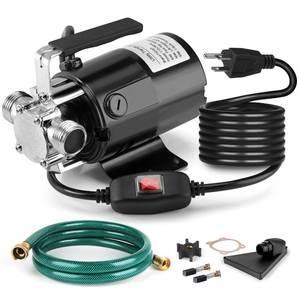 lot 1480 image: Appears Pre Owned FIDISP Water Transfer Pump, 115V 110HP Electric Utility Pump with OnOff Switch 1  6ft Water Hoses Kit for Removing Water from Garden Pools Aquariums Hot Tub Draining 18���� Low Suction - Retail $60