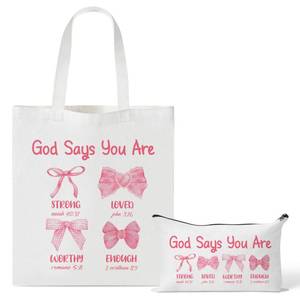 lot 1485 image: Y1tvei Bow Bible Tote Bag - 2Pcs God Says You Are Coquette Pink Bow Canvas Makeup Bag Set, Preppy Aesthetic Bible Verse Tote Bag Grocery Folding Shopping Bag, Coquette Stuff Christian Gifts For Women - Retail $10