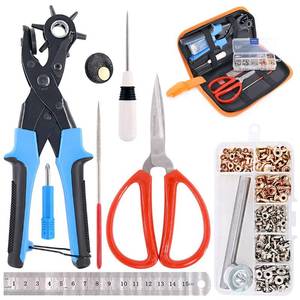 lot 1499 image: Swpeet 8Pcs Leather Hole Punch Plier with Grommet Eyelets Kit, Professional Puncher Including Punch Plier Screwdriver, Scissors, Rule, Awl Tool and Grinding Rod Multi Sized Puncher for Belts, Crafts - Retail $4,489