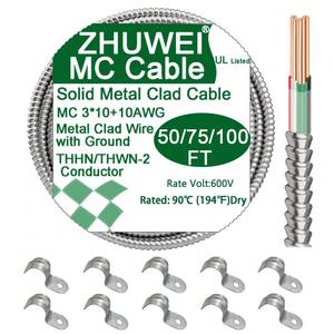 lot 1521 image: 103 MC Cable 50FT, 10 AWG Metal Clad Wire with Ground - Retail $126