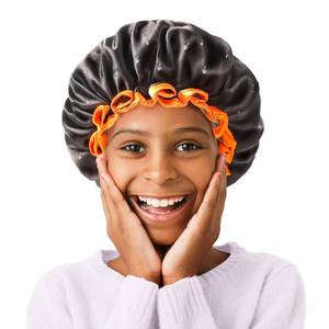 lot 1526 image: mikimini Small Black Shower Caps for Kids, Double Layers Waterproof Bathing Hair Cap with Reusable Soft Comfortable PEVA Lining, Cute, Non-fading & Stretchy Shower Hat Small Pack of 1, Black  Orange - Retail $8