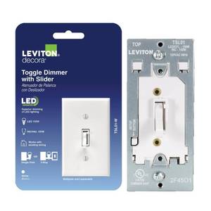 lot 1552 image: Leviton Toggle Slide LED Advanced Dimmer Switch for 150W Dimmable LED, Halogen and Incandescent Bulbs and Fixtures, TSL01-W, White - Retail $21