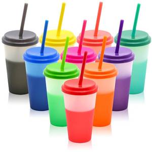 lot 1598 image: FIEKEICC Color Changing Cups 10Pcs 12oz Plastic Tumblers With Lids and Straws for Iced Coffee Smoothie - Reusable Leak Proof Party Cups for Kids - Retail $19