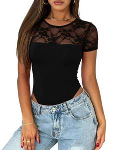 lot 1603 image: Saslax Womens Lace Bodysuit Crew Neck Short Sleeve Sheer Sexy Slim Fit Going Out Top for Concert Date Night Club Black S - Retail $23