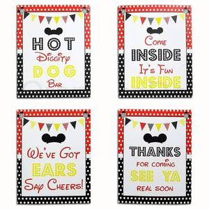 lot 1614 image: Charming Mickey Mouse Birthday Decorations, 4 Mickey Party Signs, 8x10 Inch - Retail $16