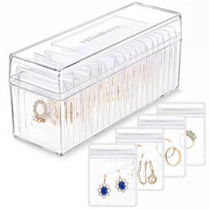 lot 1622 image: HOMEHIVE Acrylic Jewelry Box Organizer, Clear Jewelry Organizer and Storage with 20 Portable Anti Tarnish Jewelry bags, Travel Jewelry Case for EarringsRingsNecklaces Gifts for Women Girls, Clear - Retail $16