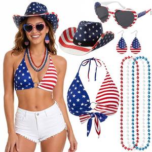 lot 1663 image: Cutecrop 5PCS 4th of July Cowboy Outfit for Women, Cowgirl Hat American Flag Bikini Top Patriotic Sunglass Earring Necklace (XL) - Retail $48