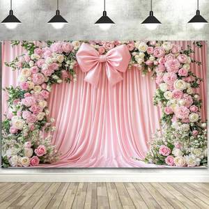 lot 1666 image: 7x5ft Pink Bow Flowers Backdrop Floral Coquette Flowers Photography Background for Girls Women Birthday Party Baby Shower Decorations Wedding Bridal Backdrops Banner Photo Booth Props - Retail $16