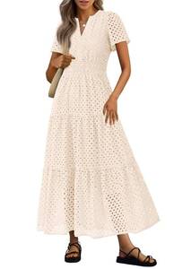 lot 1684 image: PRETTYGARDEN Womens Summer Hollow Out Eyelet Maxi Dress,Beige,XXL - Retail $57