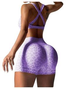 lot 1714 image: SHENHE Womens Leopard 2 Piece Twist Front Cross Back Workout Shorts Set Small - Retail $20
