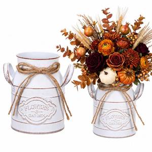 lot 1716 image: Roshtia 2 Pcs Metal Milk Can Vase 6 Inch Galvanized Farmhouse, Retro White - Retail $20