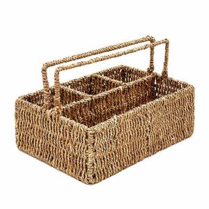 lot 1726 image: PEMAR Large L-Sized Hand Woven Utensil Caddy Carrier, Natural Jute Wicker Condiment Holder for Table, Kitchen Set Counter Top Silverware Organizer, Rustic Storage for Forks, Spoons, Seagrass - Retail $31