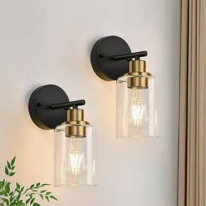 lot 1735 image: Zarbitta Set of 2 Wall Sconces for Bathroom, Black and Gold Modern Vanity Lights with Clear Glass Shade,Bathroom Wall Lamp for Mirror Kitchen Living Room Hallway Cabinet Porch - Retail $60